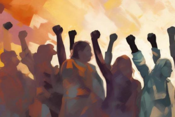 An illustration of a variety of people raising their fists in the air